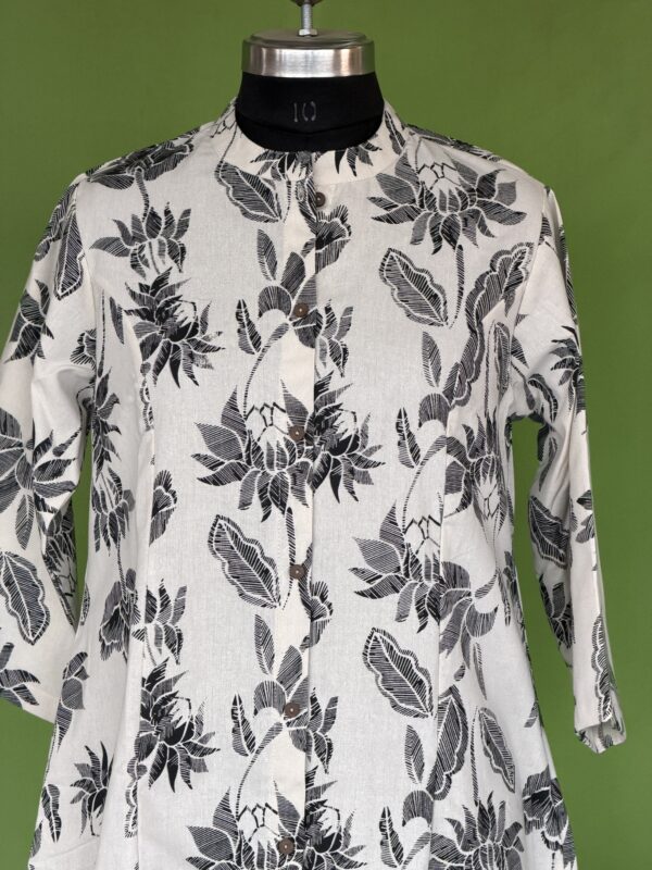 Off white cotton kurta set for women with black floral print front view