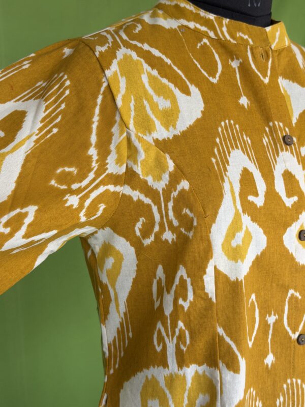 Mustard cotton kurta set for women with ikat print front view