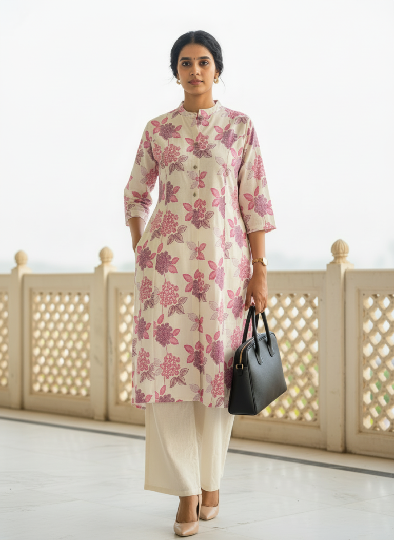 Beige pink floral cotton kurta set for women office wear