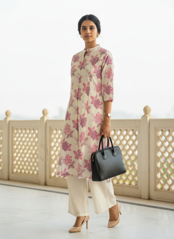 Cotton floral kurta set side pose with handbag