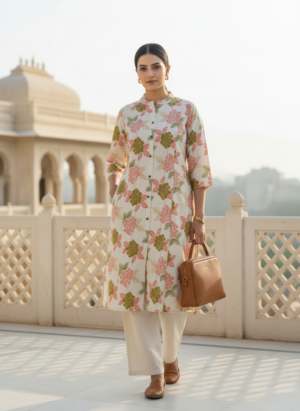Off white pure cotton kurta set for women with floral print front view Off white pure cotton kurta set for women with floral print front view