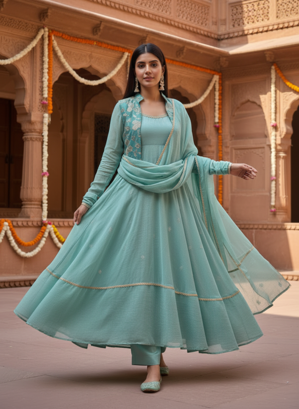 Sea green Anarkali kurta set with embroidered jacket front view Sea green Anarkali kurta set with embroidered jacket front view