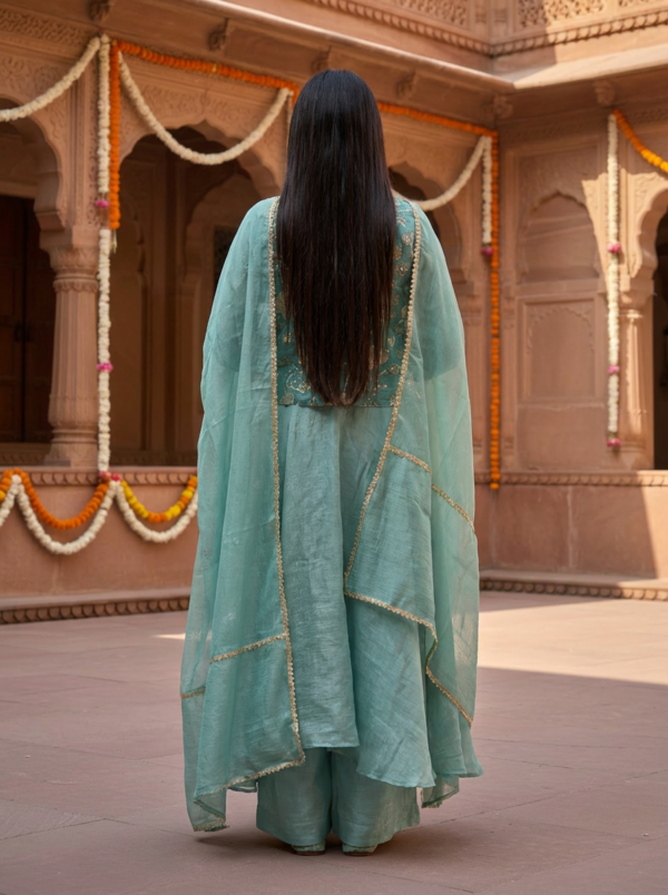 Designer ethnic Anarkali dress with dupatta side pose Designer ethnic Anarkali dress with dupatta side pose