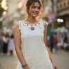 Cream Mirror Work Short Kurti Set