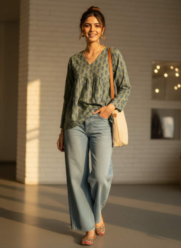 Slate Blue Leheriya Peplum Short Kurti for Women