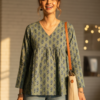 Slate Blue Leheriya Peplum Short Kurti for Women