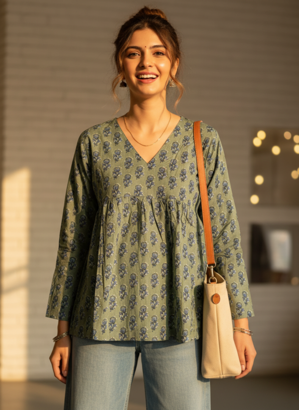Slate Blue Leheriya Peplum Short Kurti for Women