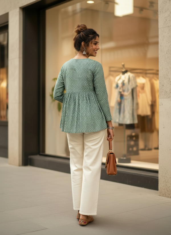 Sage Green Leheriya Peplum Short Kurti for Women