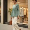 Sage Green Leheriya Peplum Short Kurti for Women