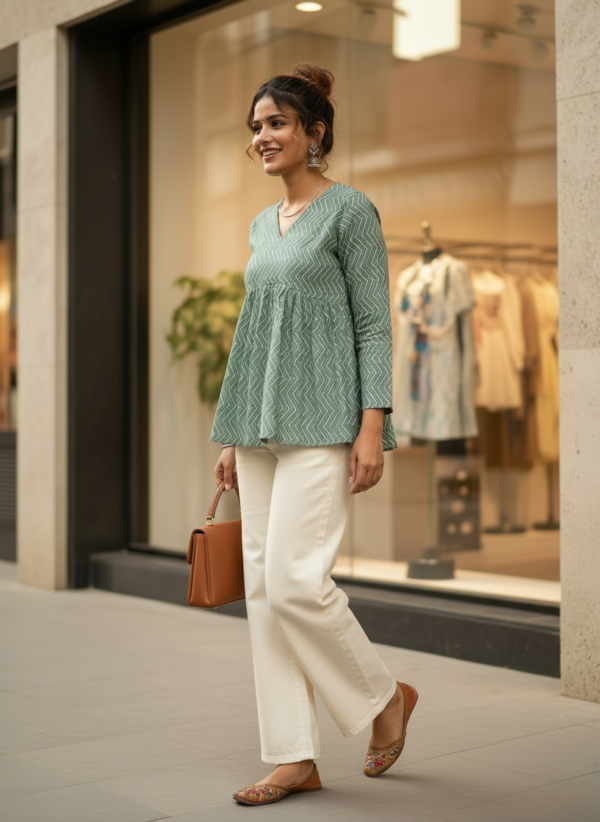 Sage Green Leheriya Peplum Short Kurti for Women