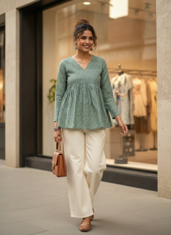 shortkurti 4 (3) Sage Green Leheriya Peplum Short Kurti for Women