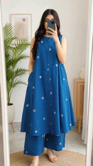 Blue polka dot sleeveless cotton kurta set