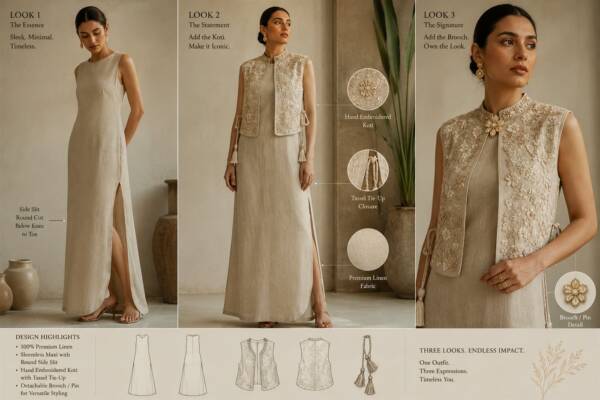 Linen maxi dress with hand embroidered koti