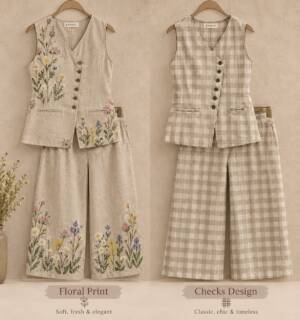 Linen vest and wide-leg pant co-ord set in floral and check design