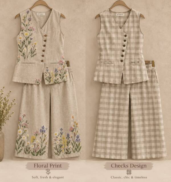 Linen vest and wide-leg pant co-ord set in floral and check design