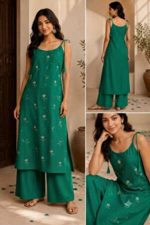 Green embroidered tie-strap kurta with palazzo