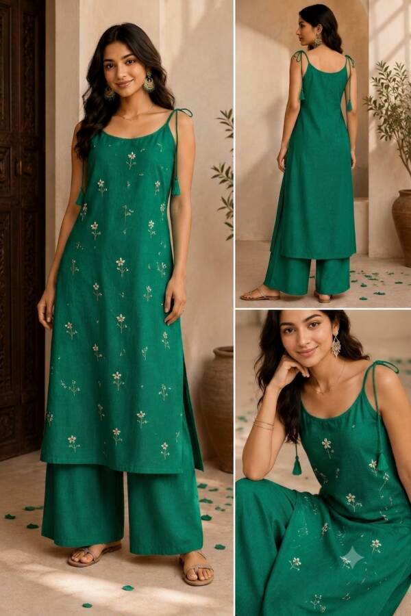 Green Tie-Strap Embroidered Kurta Set Green embroidered tie-strap kurta with palazzo