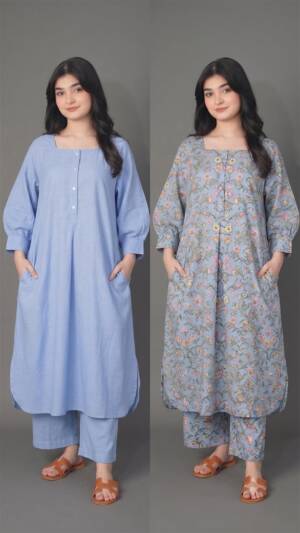Blue square neck cotton kurta set plain and block print