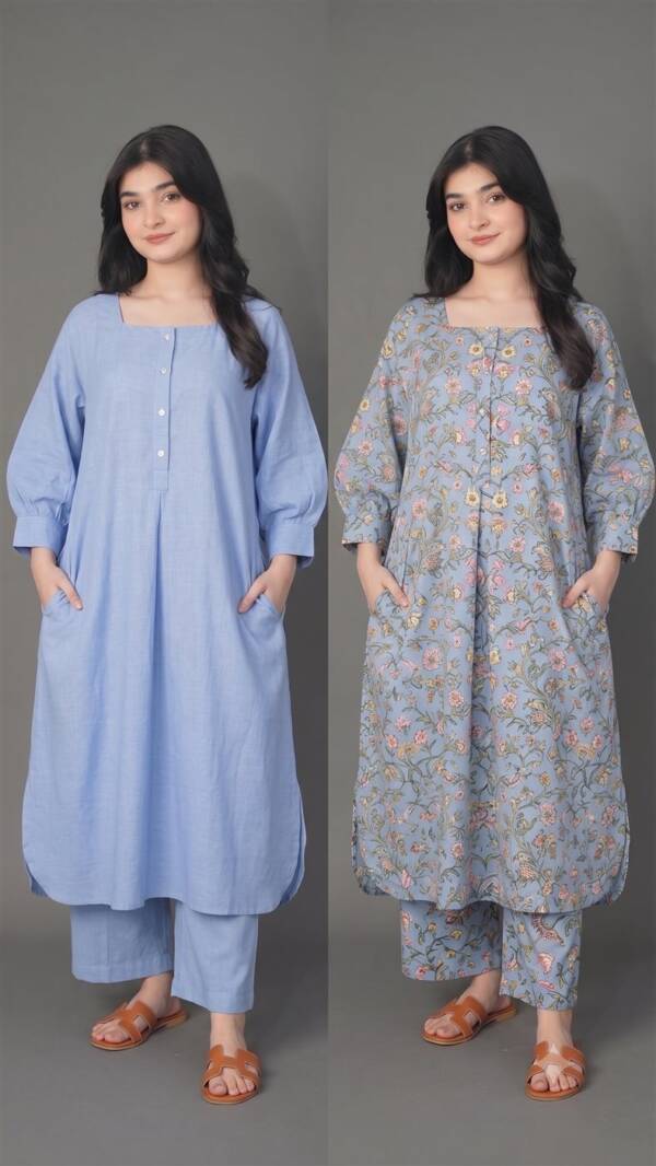 Square Neck Cotton Kurta Set (Plain or Block Print) Blue square neck cotton kurta set plain and block print