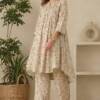 Beige floral print pintuck kurta co-ord set