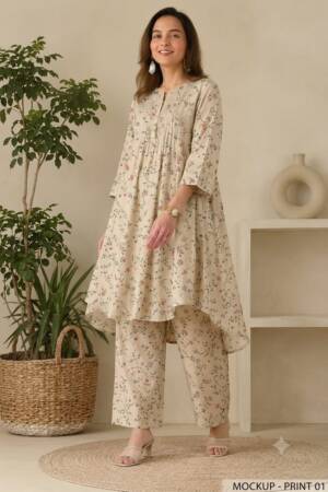 Beige floral print pintuck kurta co-ord set