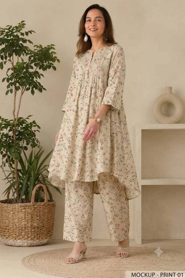 Pintuck Floral Print Kurta Co-ord Set Beige floral print pintuck kurta co-ord set