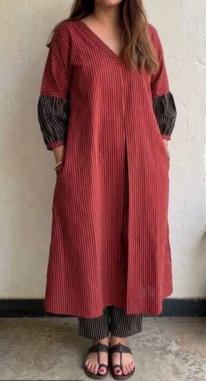 Red striped cotton kurta set with contrast sleeves