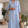 Light blue linen kurta set with pocket embroidery