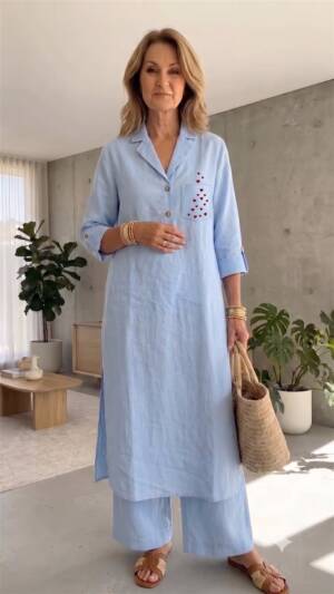 Light blue linen kurta set with pocket embroidery