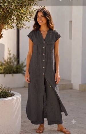 Charcoal linen long shirt kurta set